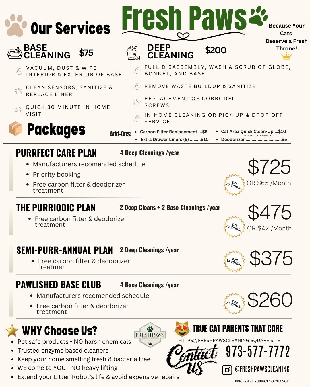 Fresh Paws cat cleaning services menu showing pricing for base cleaning, deep cleaning, and four care plan packages ranging from $260 to $725 yearly